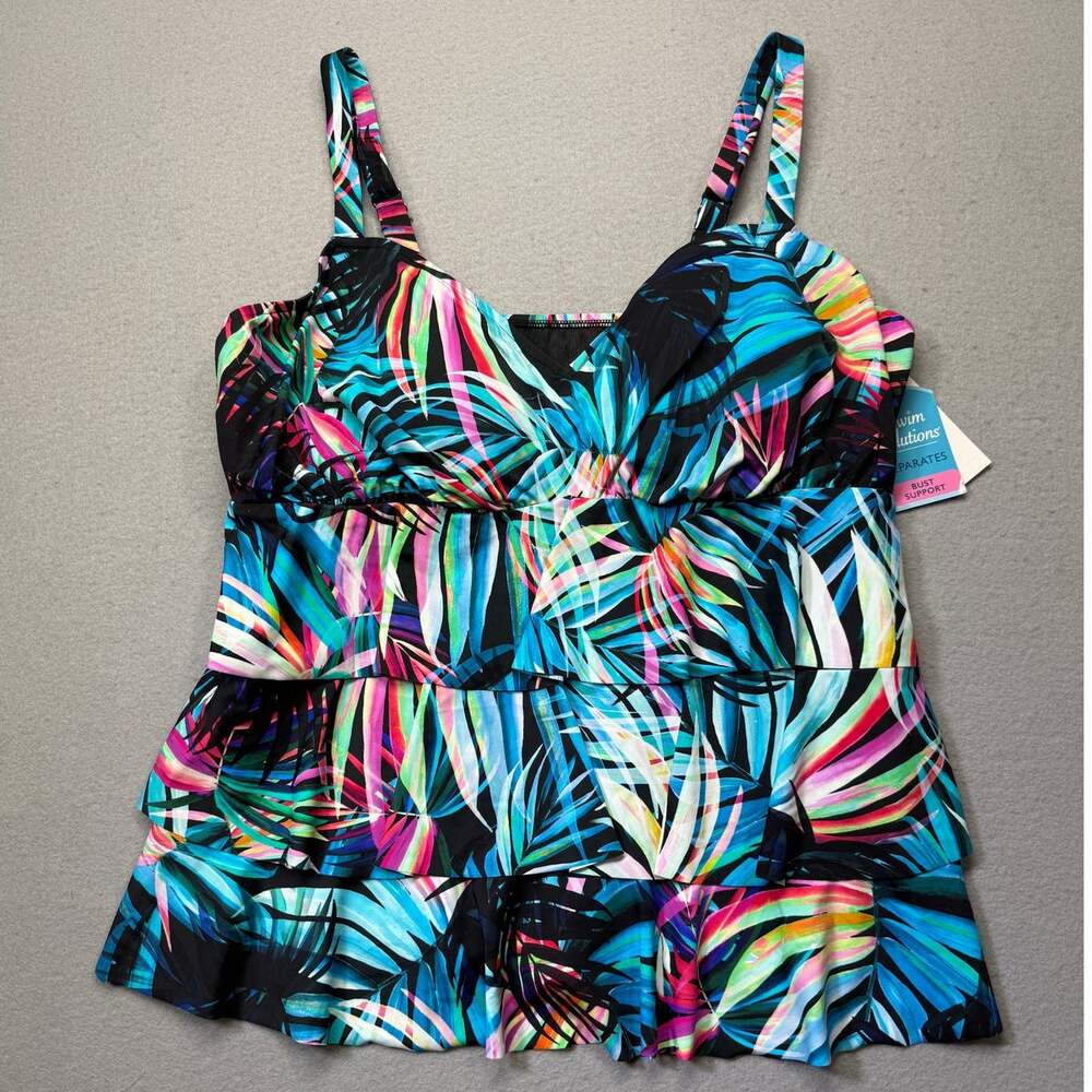 Swim Solutions plus size Triple Tier Tankini, Fiesta Fronds 22W $84